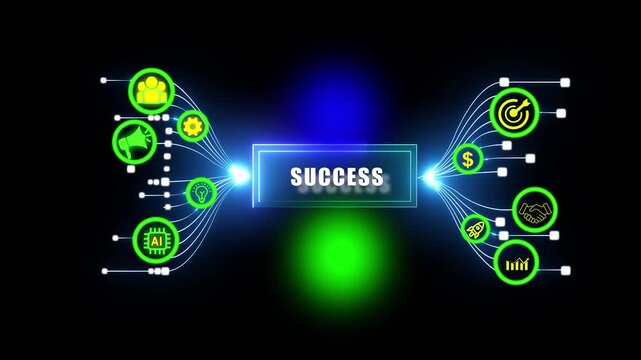 Modern business success concept banner with neon glowing icons representing strategic growth, financial achievement, technology innovation,n marketing excellence, and proactive corporate leadership
