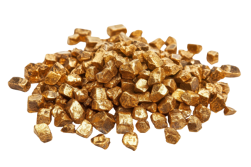 Pile of rough gold nuggets isolated on transparent background. Gold bars isolated on white background.