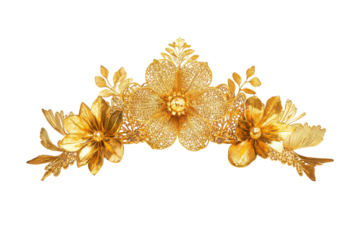 Ornate golden floral hair accessory isolated on transparent background. golden crown isolated on white background.