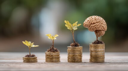 Growth of Ideas and Knowledge Represented by Green Plants and Brain on Coins Symbolizing Investment in Education and Personal Development