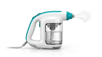 Handheld garment steamer with teal accents spraying steam isolated on white background