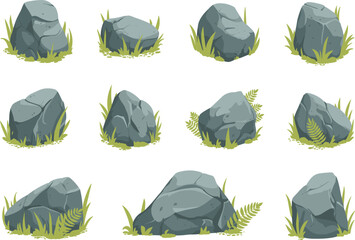 Assortment of Grey Rocks with Green Grass and Ferns Keywords: rock, stone, boulder, pebble, grey © MD MOZAMMEL HAQUE