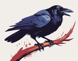 raven in illustration in brush stroke painting,