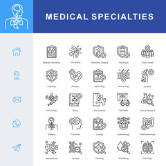 Naklejka premium A Medical Specialties icon set covering key fields such as pediatrics, dermatology, oncology, radiology, neuroscience, genetics, immunology, and clinical research for comprehensive healthcare.