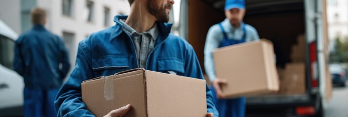 Caucasian male adults in blue uniforms carrying boxes during move
