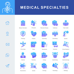 A Medical Specialties icon set covering key fields such as pediatrics, dermatology, oncology, radiology, neuroscience, genetics, immunology, and clinical research for comprehensive healthcare.