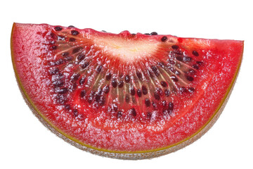 Close up of a sliced red kiwi fruit isolated on transparent background. Half red kiwi fruit isolated on white background.