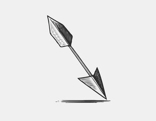 Vintage hand drawn arrow illustration in black and white on a wh