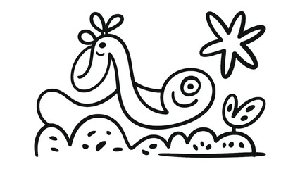 Whimsical Illustration: A joyful illustration presents a creature's adorable line art with a delightful smile. Its charming form is accompanied by a shining star and a sprout.