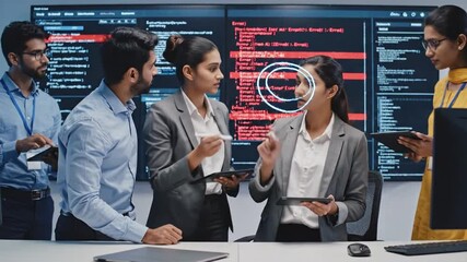 Team of tech experts collaborating and analyzing data in a modern office environment for project - Powered by Adobe