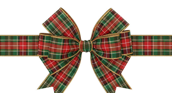 Festive red and green plaid christmas bow with gold trim, isolated on transparent background