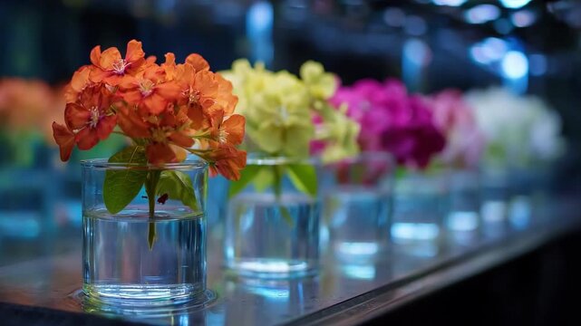 Researchers document and analyze distinctly colored flower mutants under bright lighting to track genetic changes during mutation breeding processes.