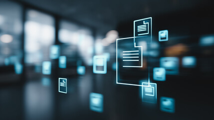 Digitized files illuminate in a modern office space, showcasing the dynamic intersection of technology and information.