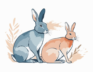 Rabbit, hare in illustration in brush stroke painting