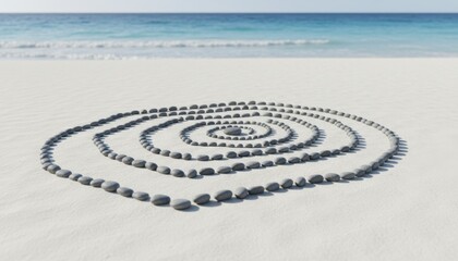 Obraz premium Intricate Spiral Pattern of Smooth Stones on a Sandy Beach with Gentle Ocean Waves in the Background