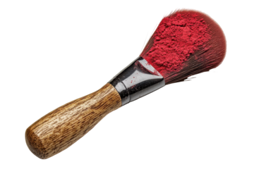 Close up of a makeup brush with red powder isolated on transparent background. Makeup brush with red powder isolated on white background.