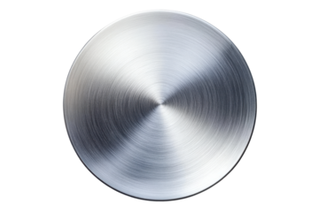 Brushed metal disc with radial texture isolated on transparent background. Metal plate isolated on white background.