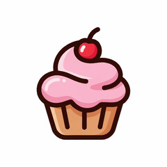 Cute Pink Frosted Cupcake with Cherry Topping Icon.