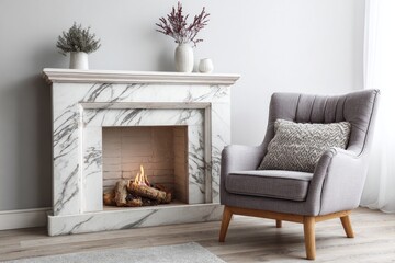 Elegant interior setting featuring a marble fireplace and comfortable upholstered armchair