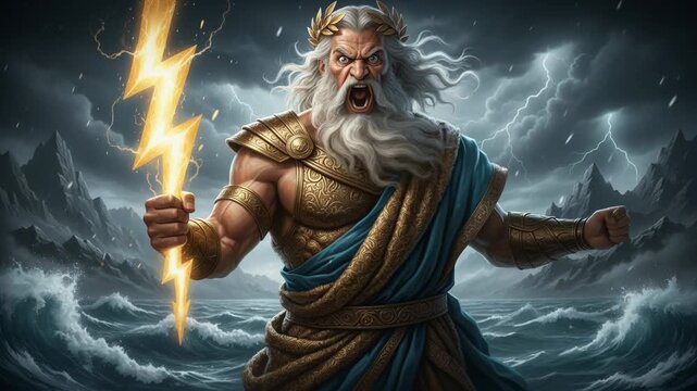 The mighty figure of the ancient God of Thunder and Lightning rises amidst the raging waves, brandishing lightning. The mighty god radiates furious energy dark clouds loom above him in the twilight