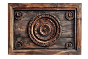 Rustic wooden picture frame with natural bark texture isolated on transparent background. Old picture wooden frame isolated on white background.