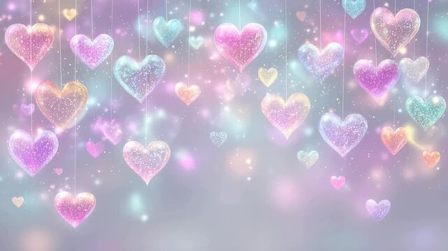 Sparkling pastel hearts hanging on strings with glowing bokeh lights on dreamy soft background, romantic