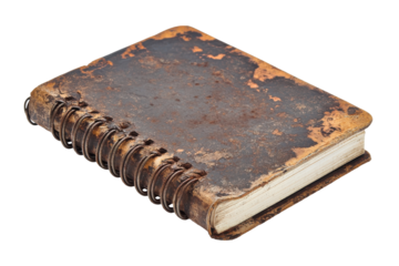 Antique weathered rusty spiral bound notebook with visible stitching isolated on transparent background. Old rusty spiral notebook isolated on white background.