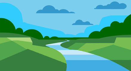 Winding river flowing through green valley vector illustration. © MAKSUD