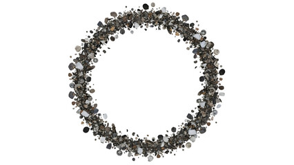 Circle of small gray and white pebbles and stones isolated on a transparent background