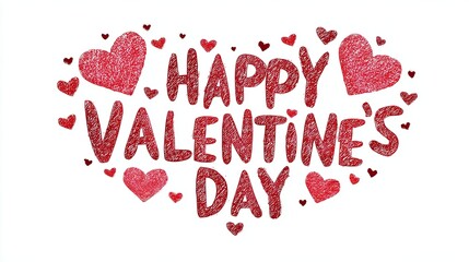 Happy Valentines Day text with red doodle hearts on white background romantic hand drawn love greeting design
