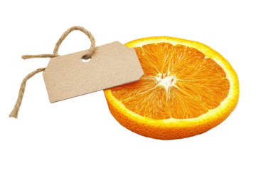 Fresh orange slice with blank tag isolated on transparent background. Orange price tag isolated on white background.