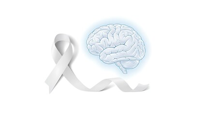 White ribbon and brain illustration symbolizing awareness for neurological disorders and mental health