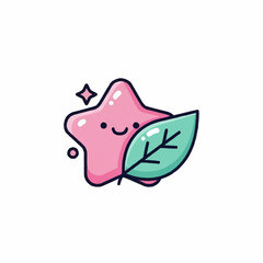 Cute Pink Star Character with Green Leaf Illustration.