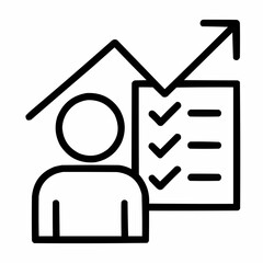Line icon of a person with upward arrow and checklist &mdash; growth through responsibility, black on white, square minimalist style