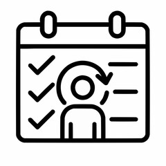 Line icon of a calendar with recurring checkmarks &mdash; consistent accountability, black on white, square minimalist style