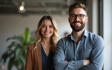 Happy young bearded male leader of workteam standing against female colleague. High quality