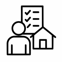 Line icon of a person with checklist and house &mdash; listing criteria, black on white, square minimalist style