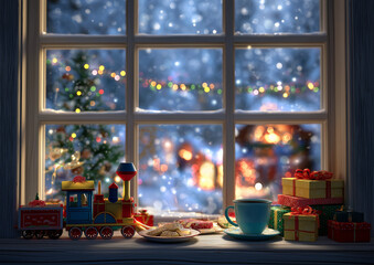 AI generator image of A warm Christmas season, with beautifully wrapped gifts stacked in many boxes. Looking out the window, I could see the snow-covered city at night, adorned with twinkling Christma