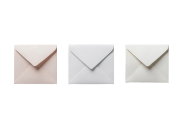 Small square envelopes in different neutral colors isolated on transparent background.