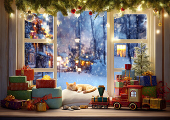 AI generator image of A warm Christmas season, with beautifully wrapped gifts stacked in many boxes. Looking out the window, I could see the snow-covered city at night, adorned with twinkling Christma