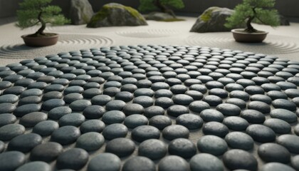 Obraz premium A tranquil Zen garden scene featuring meticulously arranged stones and raked sand patterns.