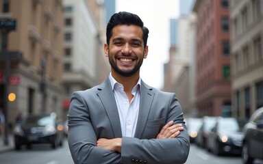 Arms crossed, joyful at the city, is a young Hispanic businessman. High quality