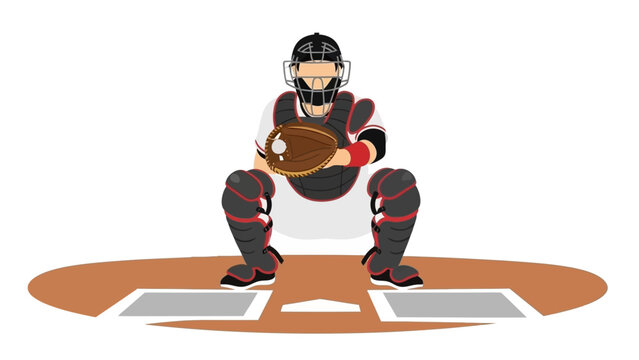 Baseball Catcher Ready to Receive Pitch at Home Plate in Uniform with Protective Gear and Mitt Vector Illustration baseball