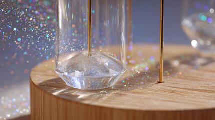 Sparkling glitter cascading around a unique hourglass, showcasing the passage of time. A close-up view