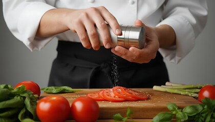 Close-up of a chef seasoning sliced tomatoes with salt, preparing food in a culinary setting