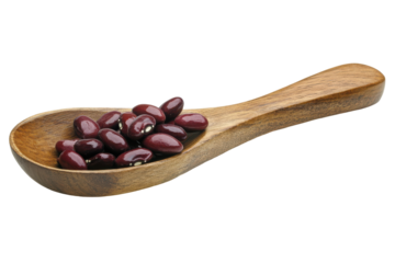 Wooden spoon filled with black beans isolated on transparent background. Red beans on wooden scoop isolated on white background.