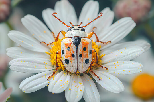 Closeup macro view of a colorful beetle resting on a white daisy flower, showing detailed patterns, pollen dust, and soft background bokeh for nature concepts.