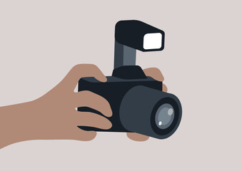 Hands gripping a camera lens, poised to capture stunning scenes, The creative energy flows as moments await their vivid retelling, focusing on artistry and expression in every shot.