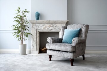 Elegant interior setting features a plush armchair positioned beside a marble fireplace and potted foliage