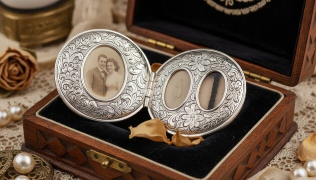 Antique engraved silver locket holding vintage couple photos, open inside a wooden velvet lined box